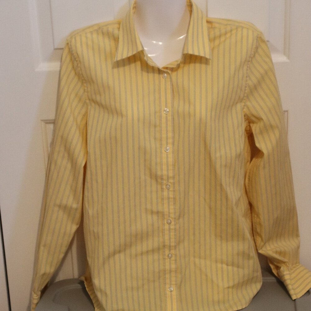 Land's End Yellow and Blue Striped Button Down Wrinkle Free Broadcloth size 10